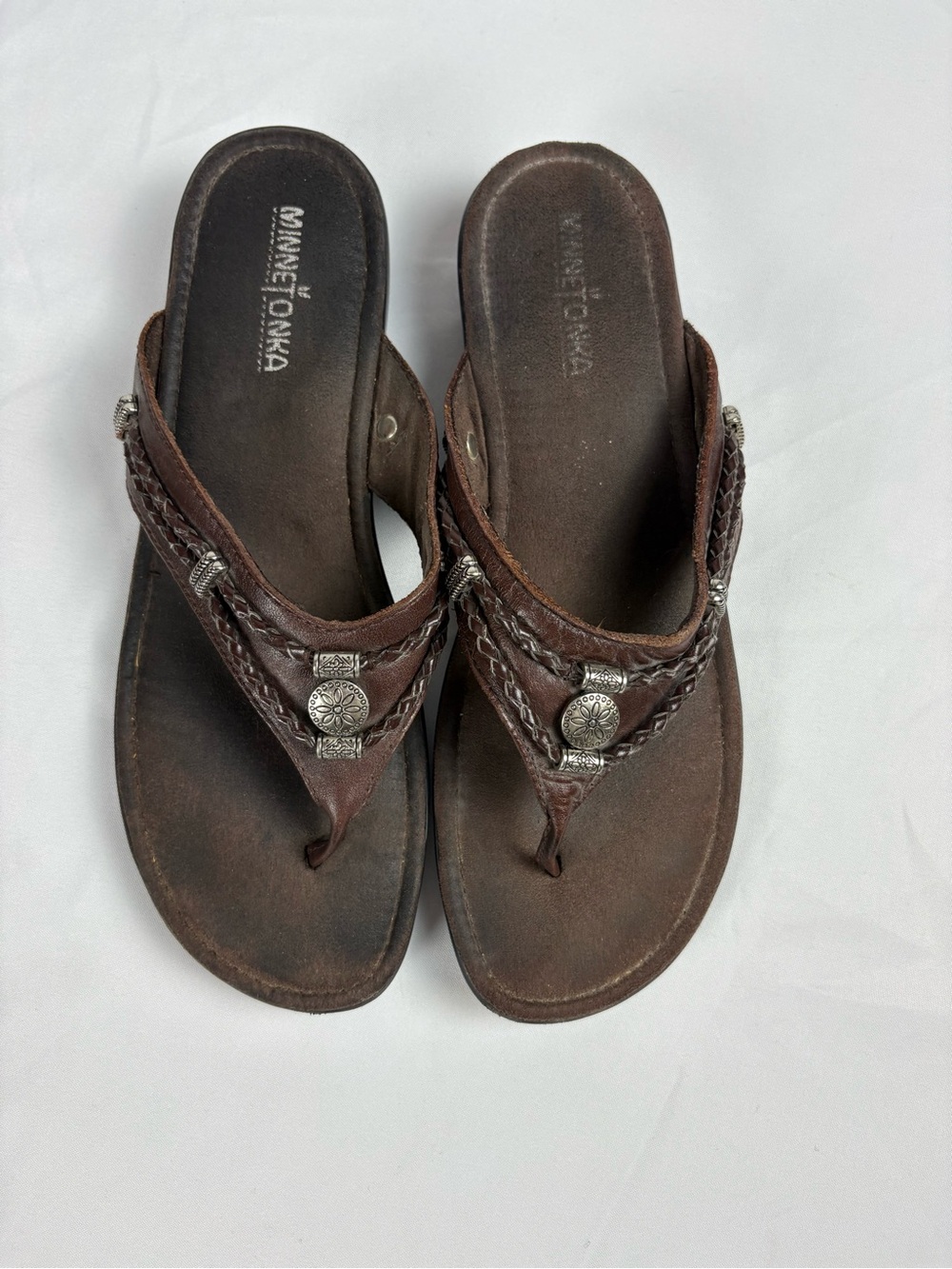 Minnetonka Brown Braided Leather Thong Sandals with Silver Conchos